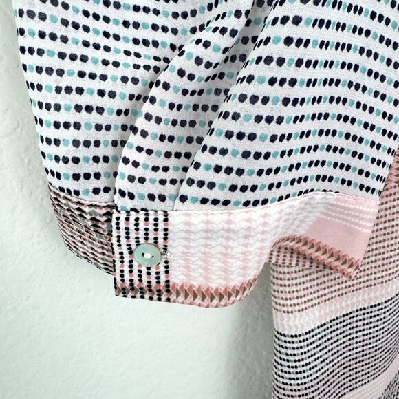 Rose + Olive Womens Button Front Shirt Top Size 2X Chiffon Geo Plaid Flowy Pink - Picture 4 of 7